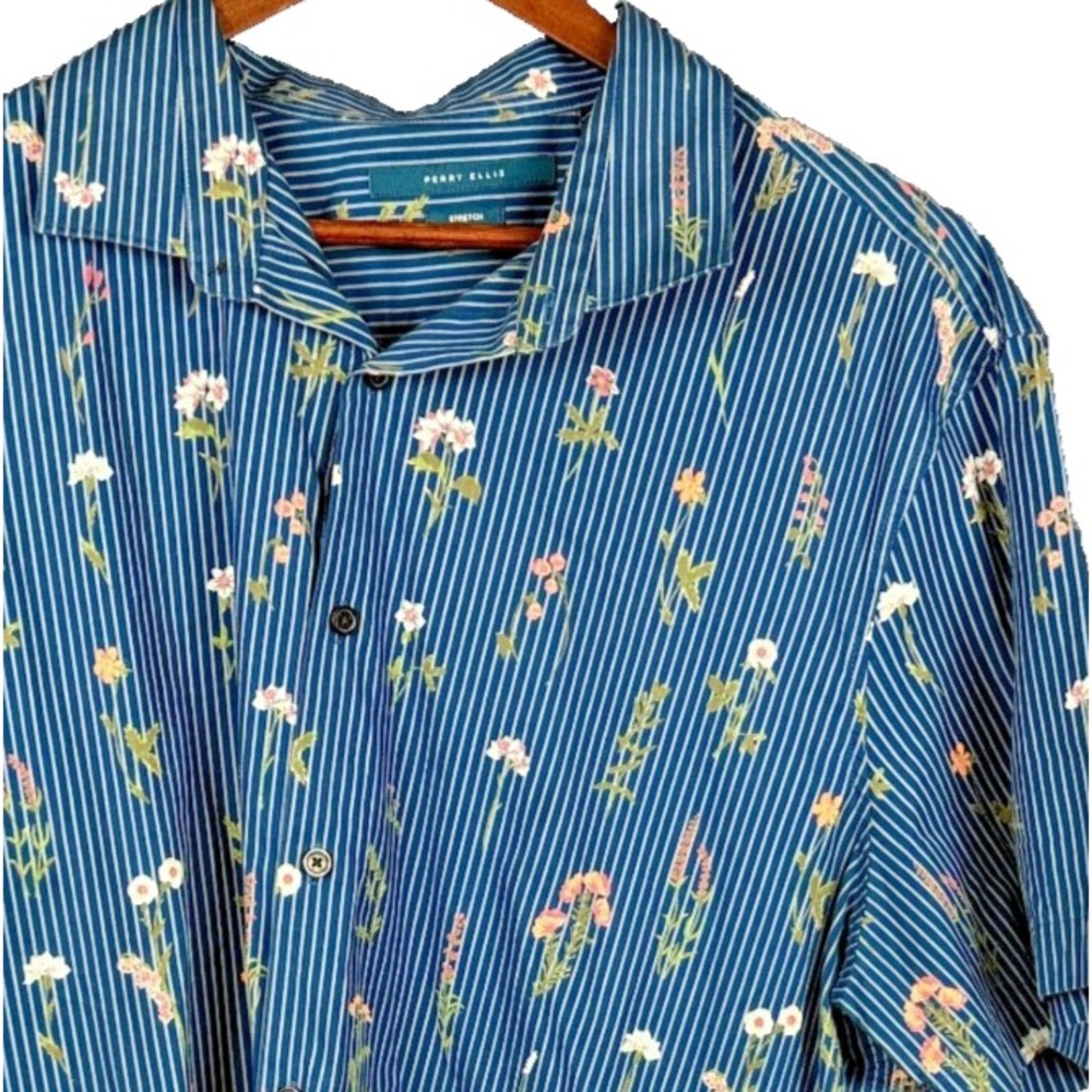 Perry Ellis Mens Shirt L Short Sleeve Button Front Floral Pinstripe Blue Stretch